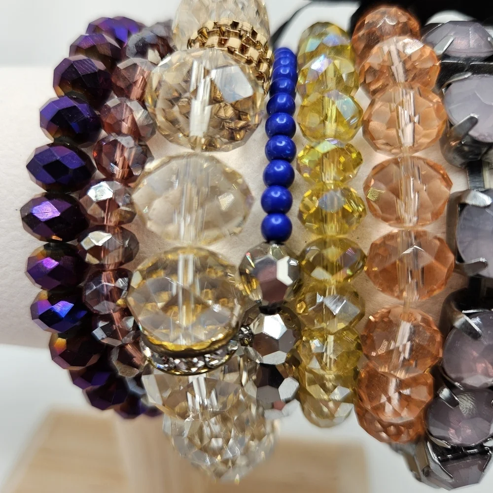 NEW VINTAGE Mixed Color Faceted Glass Beaded Stretch Bracelet Lot of 12